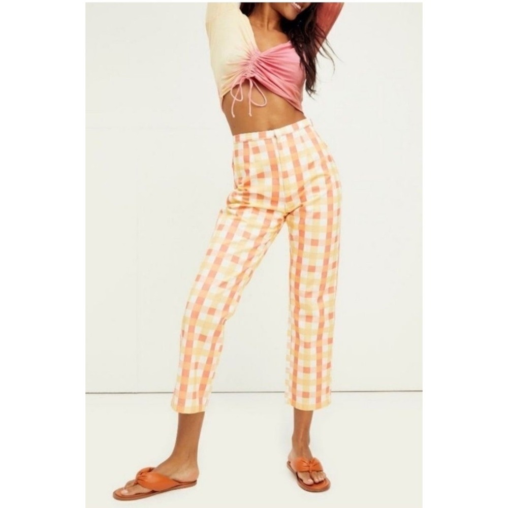 Free People‎ Shes All That Plaid Crop High Waist Pants Orange Yellow Gingham 6
